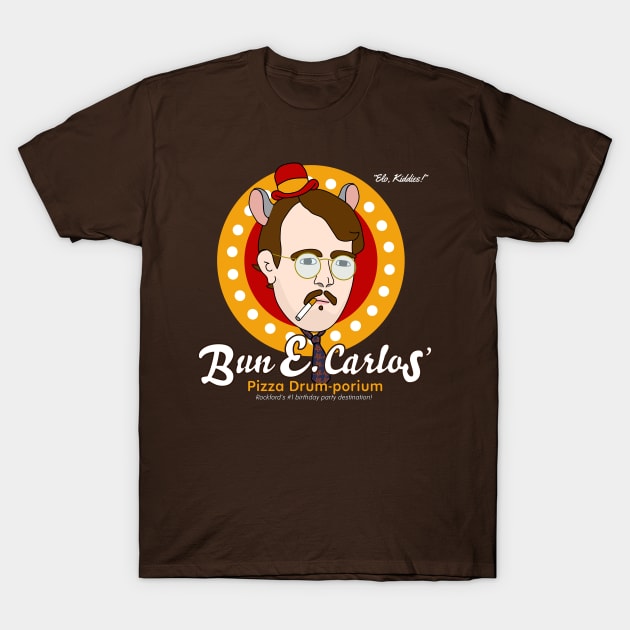 Bun E. Carlos' Pizza Drum-porium T-Shirt by switchedonbork